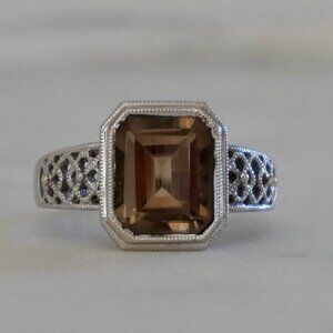 14K Gold Statement Ring, White Gold Art Deco with Smoky Quartz Stone